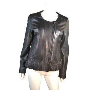 NAFNAF Women's Black Leather Jacket Zip Closure Ruffled Hem Long Sleeves- LT3072